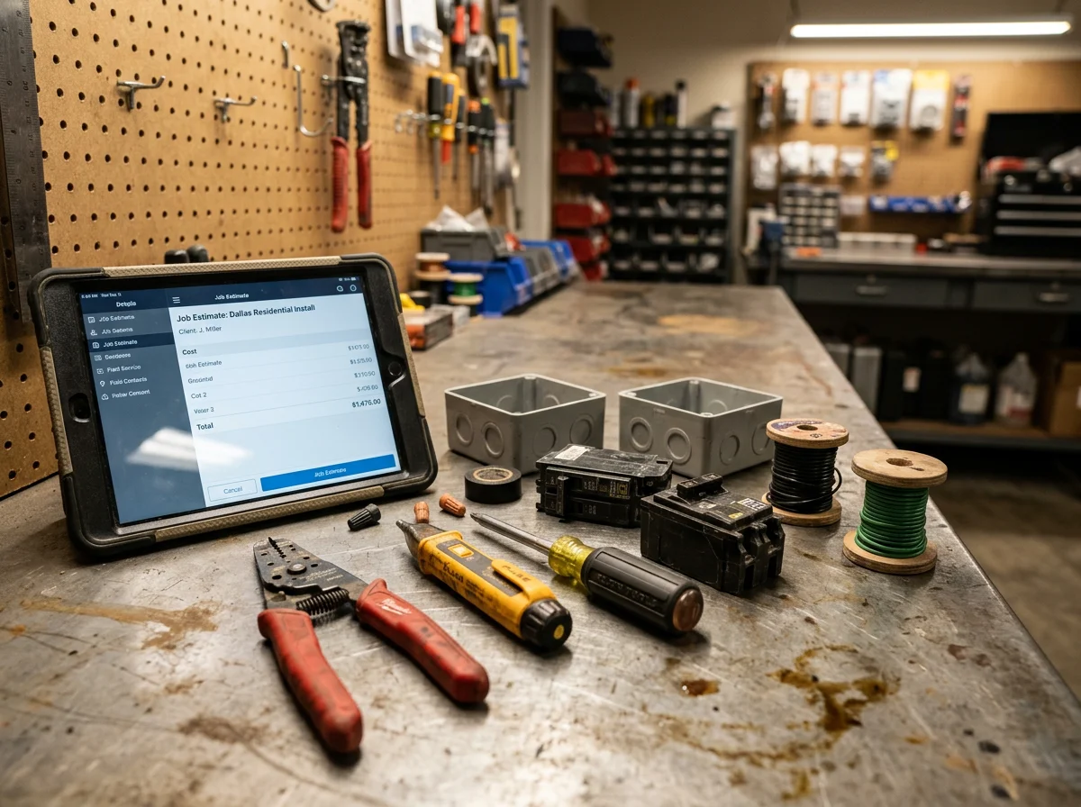 Electrical tools and equipment arranged on a work surface, representing the trades and services offered by the company.