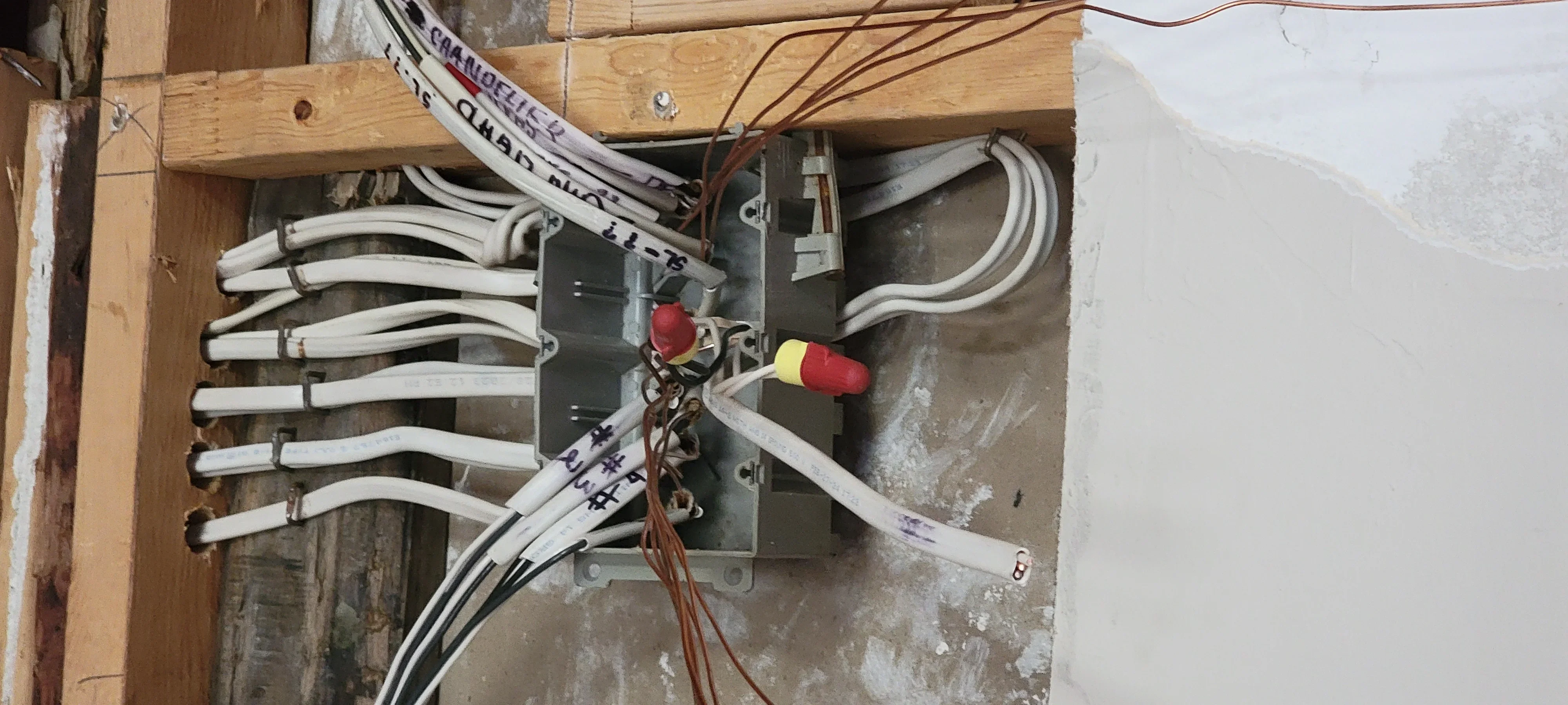 Electrical panel with white PVC conduit, labeled wires, and red/yellow circuit breaker caps mounted to wooden framing