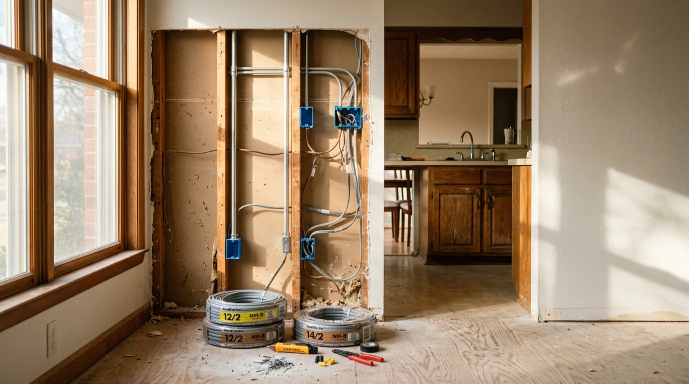 Electrician running new wiring through the wall of a 1960s brick ranch home in Dallas, TX during a kitchen remodel.