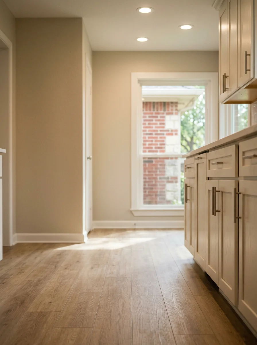 Remodeled kitchen in a 1990s Lewisville ranch home with new cabinet installation, updated recessed lighting, and fresh vinyl plank flooring replacing the original finishes.