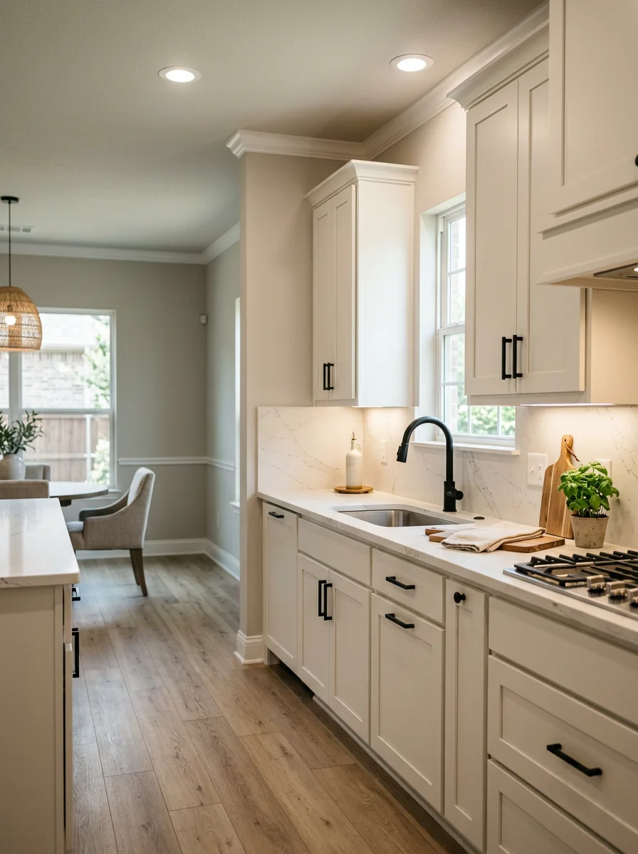 Remodeled kitchen in a west McKinney master-planned community home with new cabinet faces, updated lighting, and fresh flooring installed throughout.