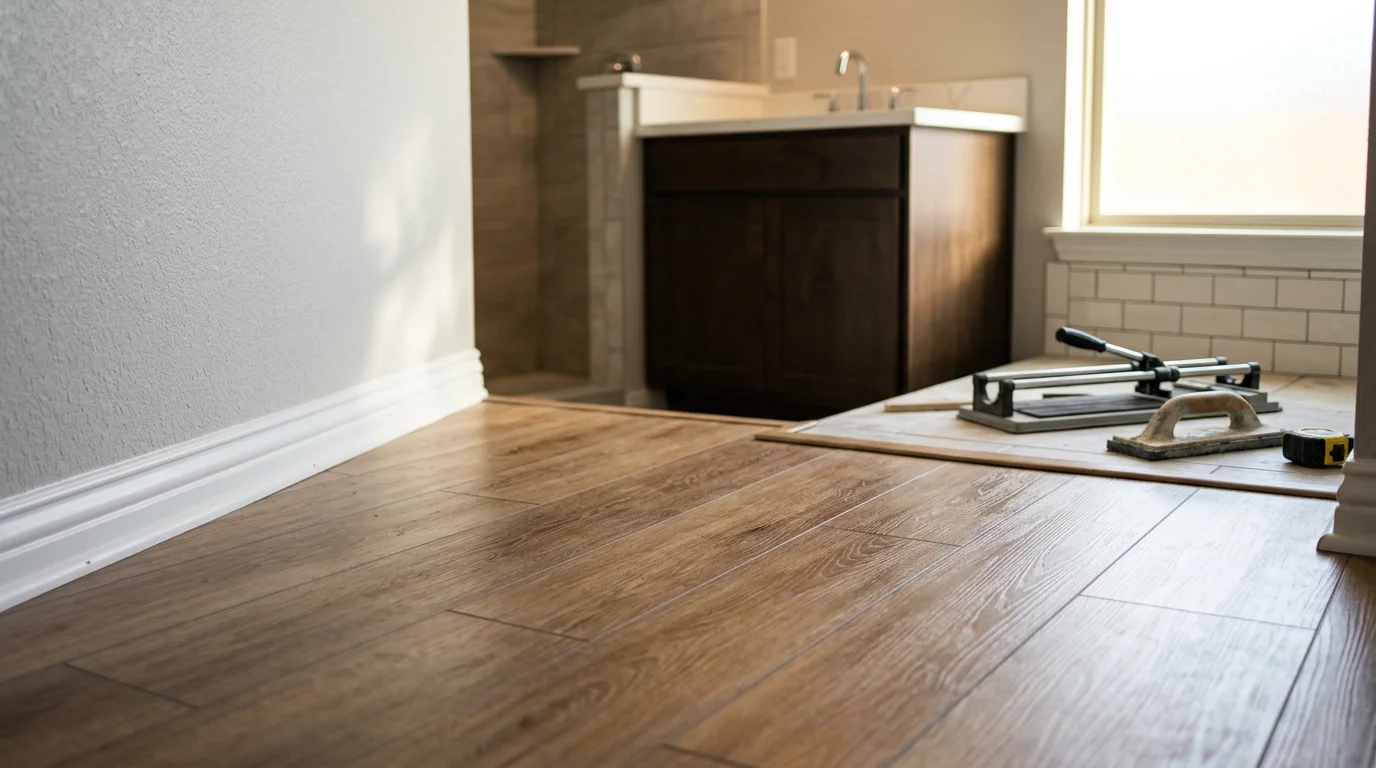 Freshly installed moisture-resistant bathroom floor in a Dallas-area home, showing clean grout lines and a water-resistant surface around the base of a bathtub. The flooring runs wall to wall in a bright, well-lit bathroom typical of North Texas residential construction.
