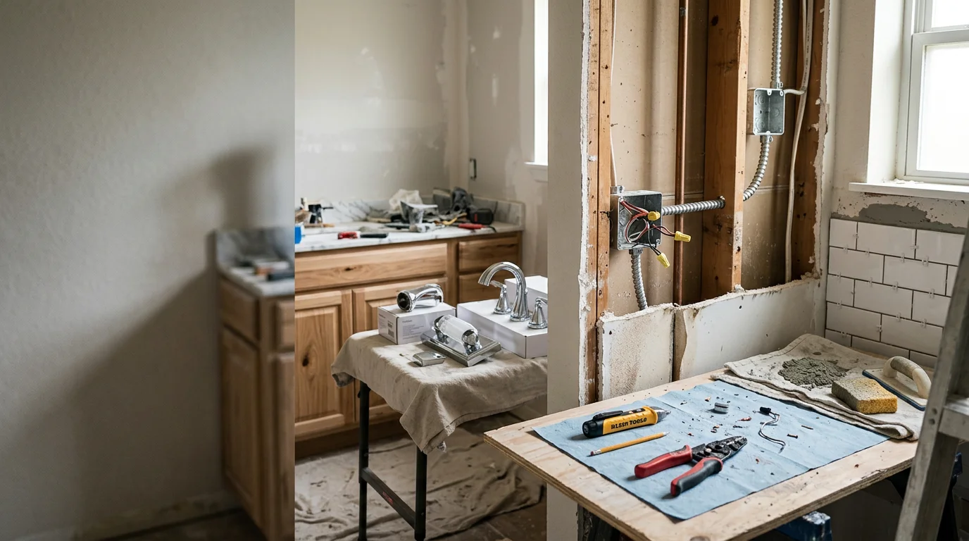 Finished bathroom remodel in a Dallas-area home showing updated tile flooring, a new vanity with modern fixtures, and a walk-in shower with clean grout lines. The space reflects a full renovation completed by Luxe Haven LLC for a DFW homeowner.
