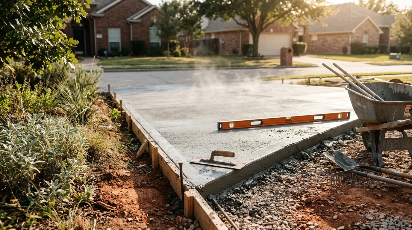 A freshly poured concrete driveway in front of a residential home in Dallas, Texas, with a smooth broom finish leading to a two-car garage. The slab edges are clean and level, set against a typical North Texas suburban streetscape.