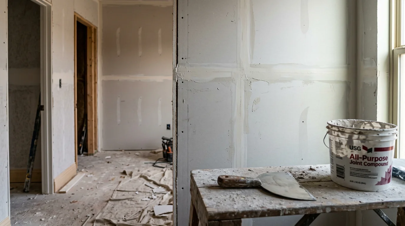 Freshly finished drywall walls and ceiling in a Dallas-area home interior, showing smooth, paint-ready surfaces after professional installation and finishing. A general contractor applies joint compound to taped seams in a residential room during a home remodeling project.
