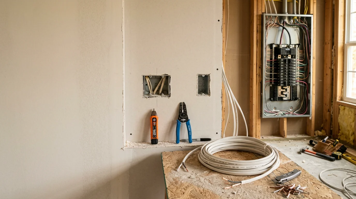 An electrician running new wiring through wall framing during a home remodel in Dallas, Texas. Electrical boxes and circuit lines are visible in an unfinished room ready for drywall.