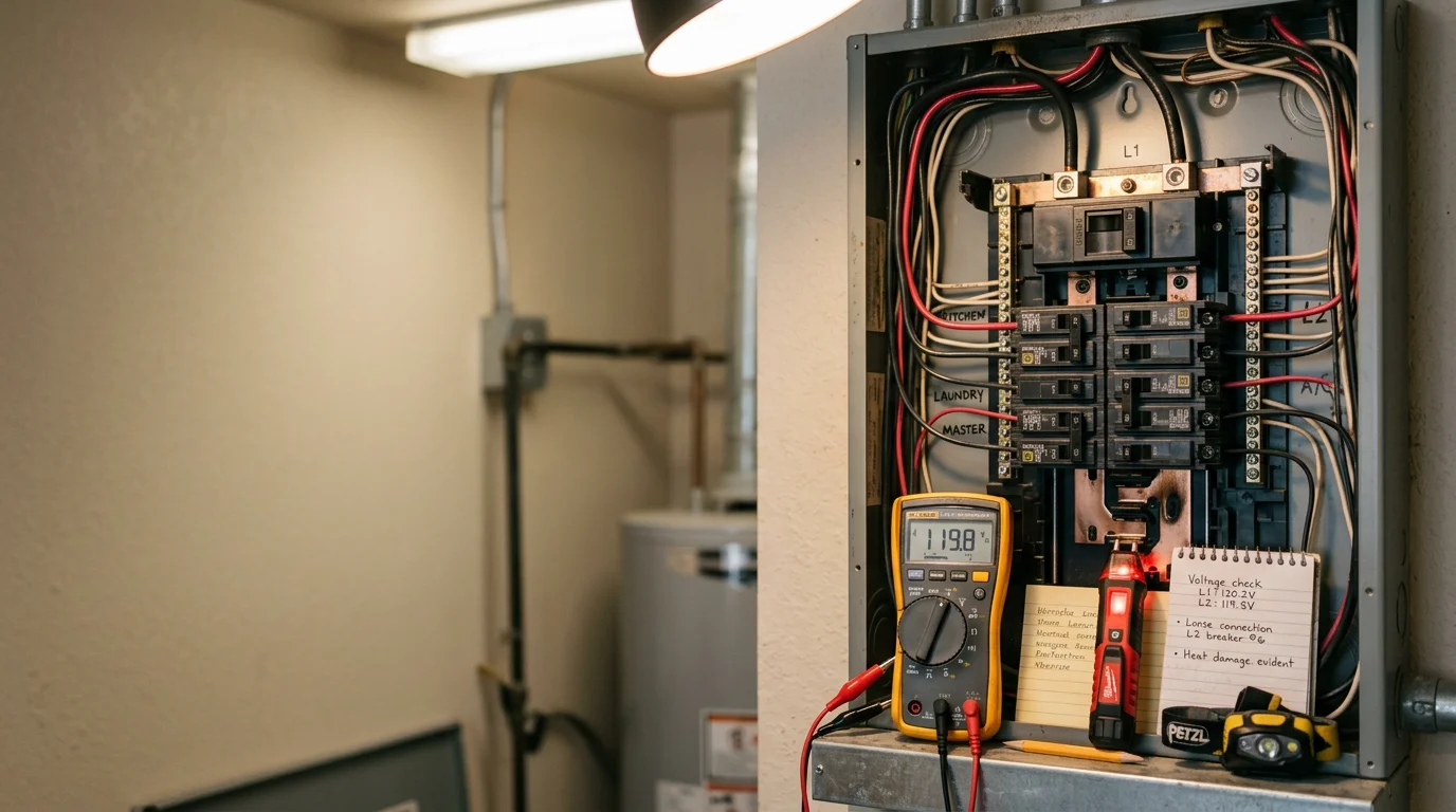 An electrician inspecting a residential electrical panel inside a Dallas-area home, with wiring and circuit breakers visible. The repair work is focused on diagnosing a tripping breaker in a single-family home.