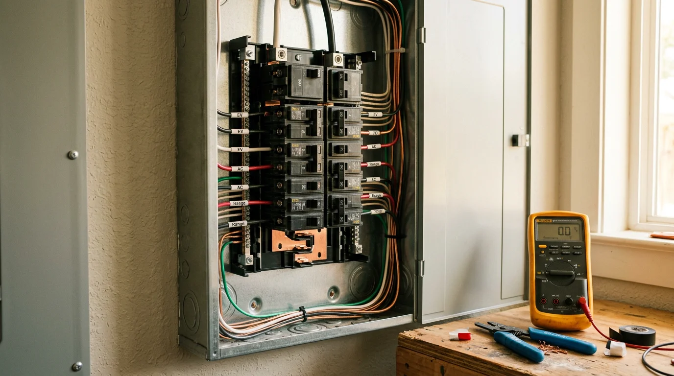 An electrician upgrading a residential electrical panel in a Dallas-area home, with new breakers installed and wiring organized inside an open panel box. The work reflects a capacity upgrade typical of older Dallas homes being modernized for today's electrical demands.