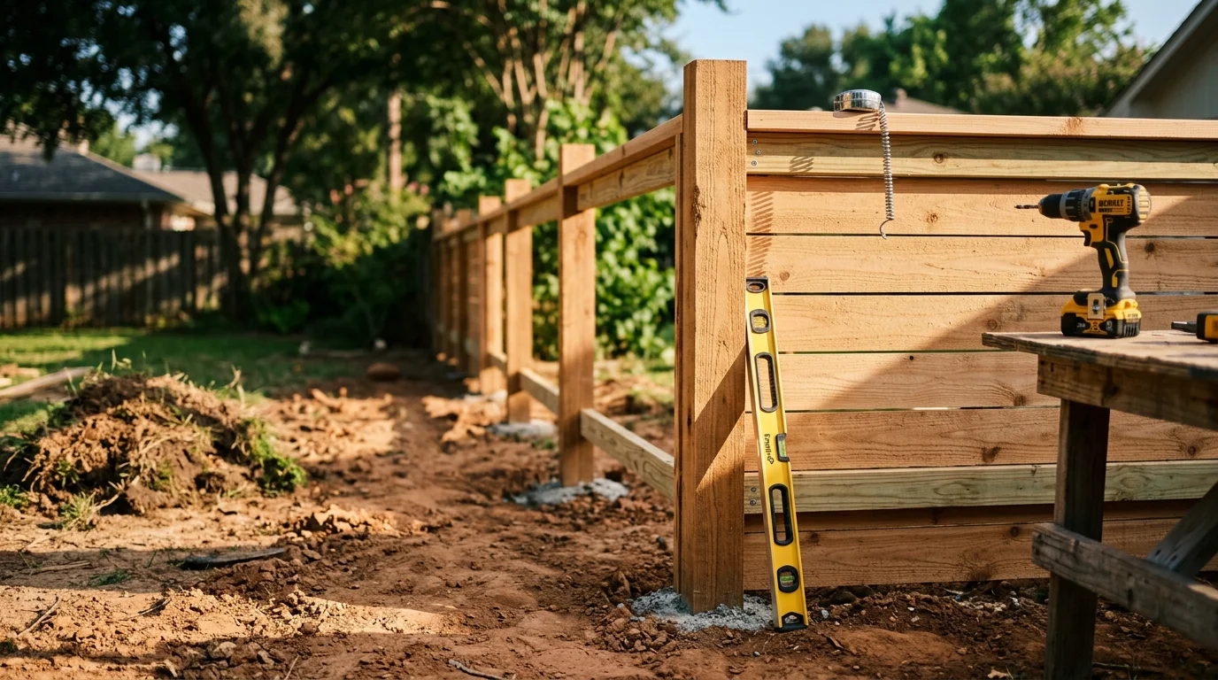 A newly installed wood privacy fence along the backyard of a residential home in Dallas, Texas, with straight posts and even board spacing. The fence runs the full length of the property line under a clear North Texas sky.