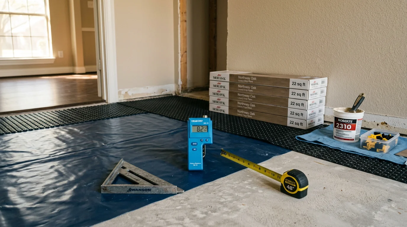 Freshly installed flooring in a Dallas-area home showing clean plank rows and tight transitions between rooms. A well-lit living space with new flooring reflecting the open floor plan common in DFW residential properties.