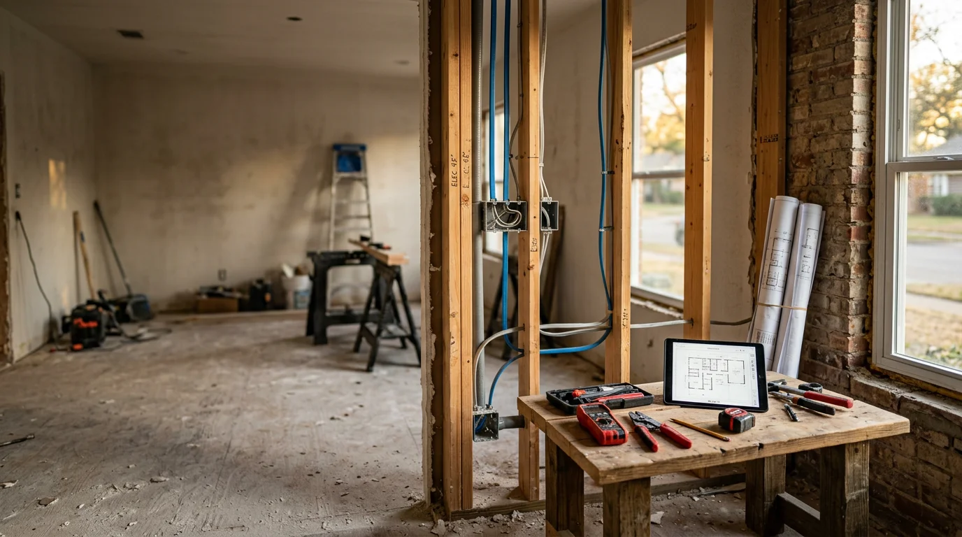 A renovated Dallas-area home interior showing updated structural and living spaces after a full home renovation by a general contractor. Wide-angle view of a refreshed open-concept room with new finishes and clean workmanship throughout.