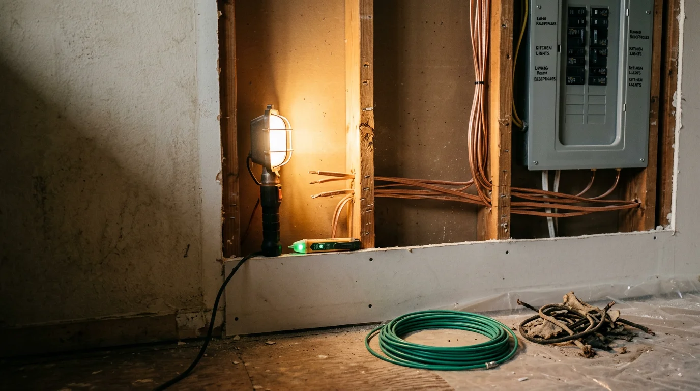 An electrician running new copper wiring through the wall cavity of an older Dallas-area home during a full home rewiring project. Exposed wall framing and fresh wiring are visible, showing the rewiring process in progress.
