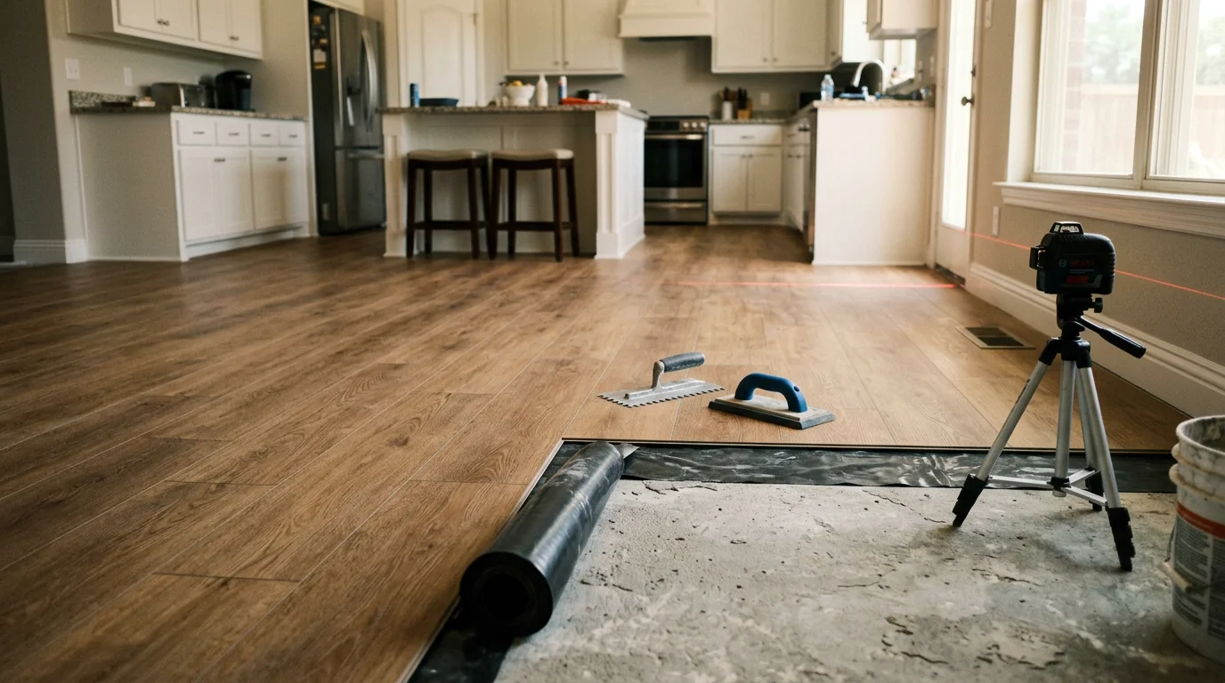 Newly installed kitchen flooring in a Dallas-area home, showing a clean, durable surface extending from the kitchen into an open-concept dining area. The floor runs flush with the surrounding rooms on a concrete slab foundation typical of North Texas residential construction.