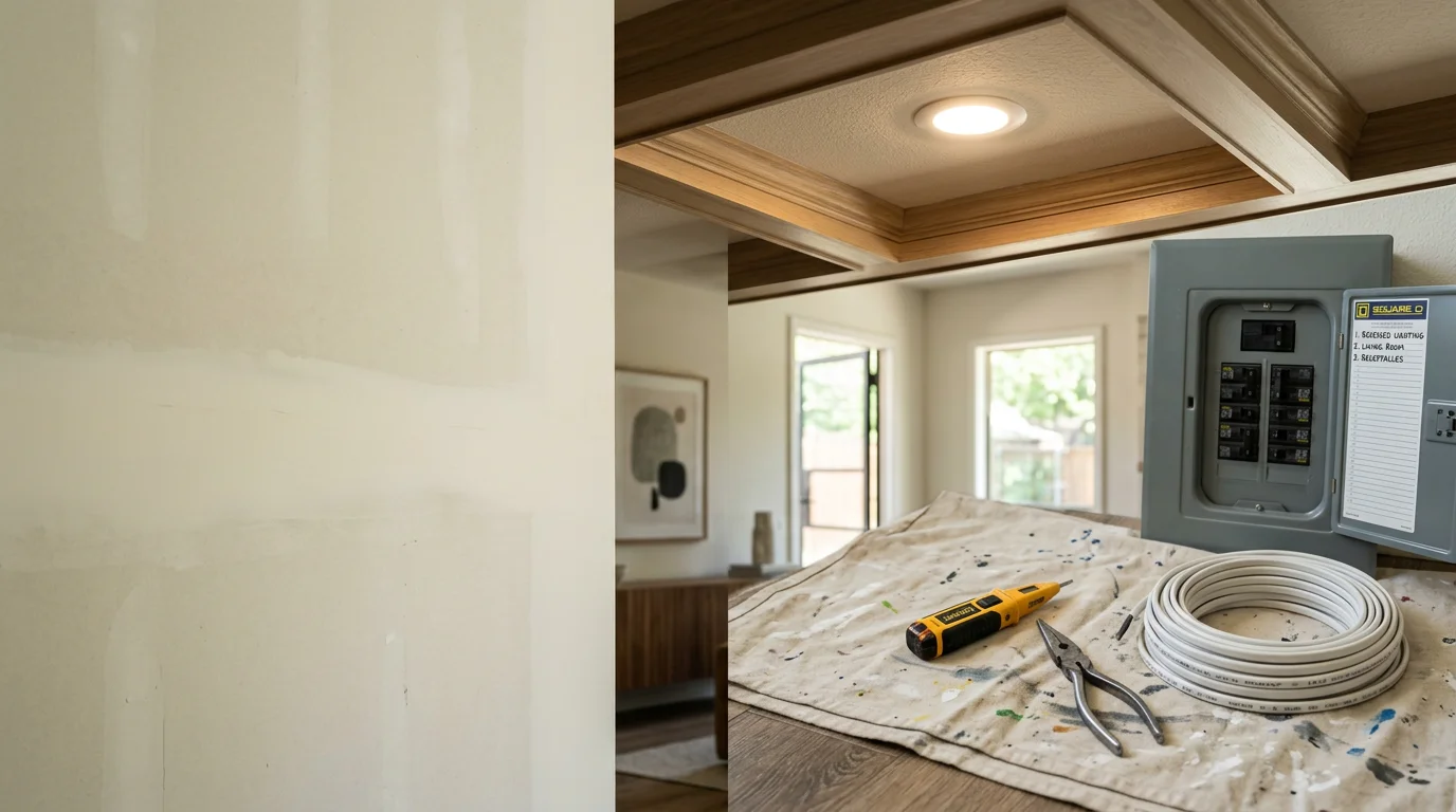 A Dallas-area living room with newly installed recessed lighting casting even, warm light across the ceiling and walls. A residential electrician from Luxe Haven LLC works on a fixture installation in a home undergoing renovation.