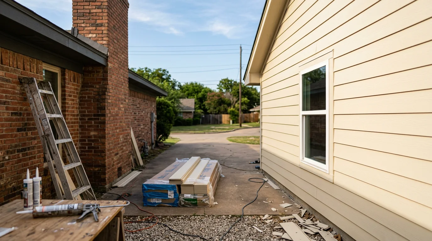 Freshly installed siding on a single-family home in Dallas, Texas, showing clean panel alignment and sealed edges along the exterior walls. The finished exterior reflects a typical North Texas suburban home updated to handle local heat and storm conditions.