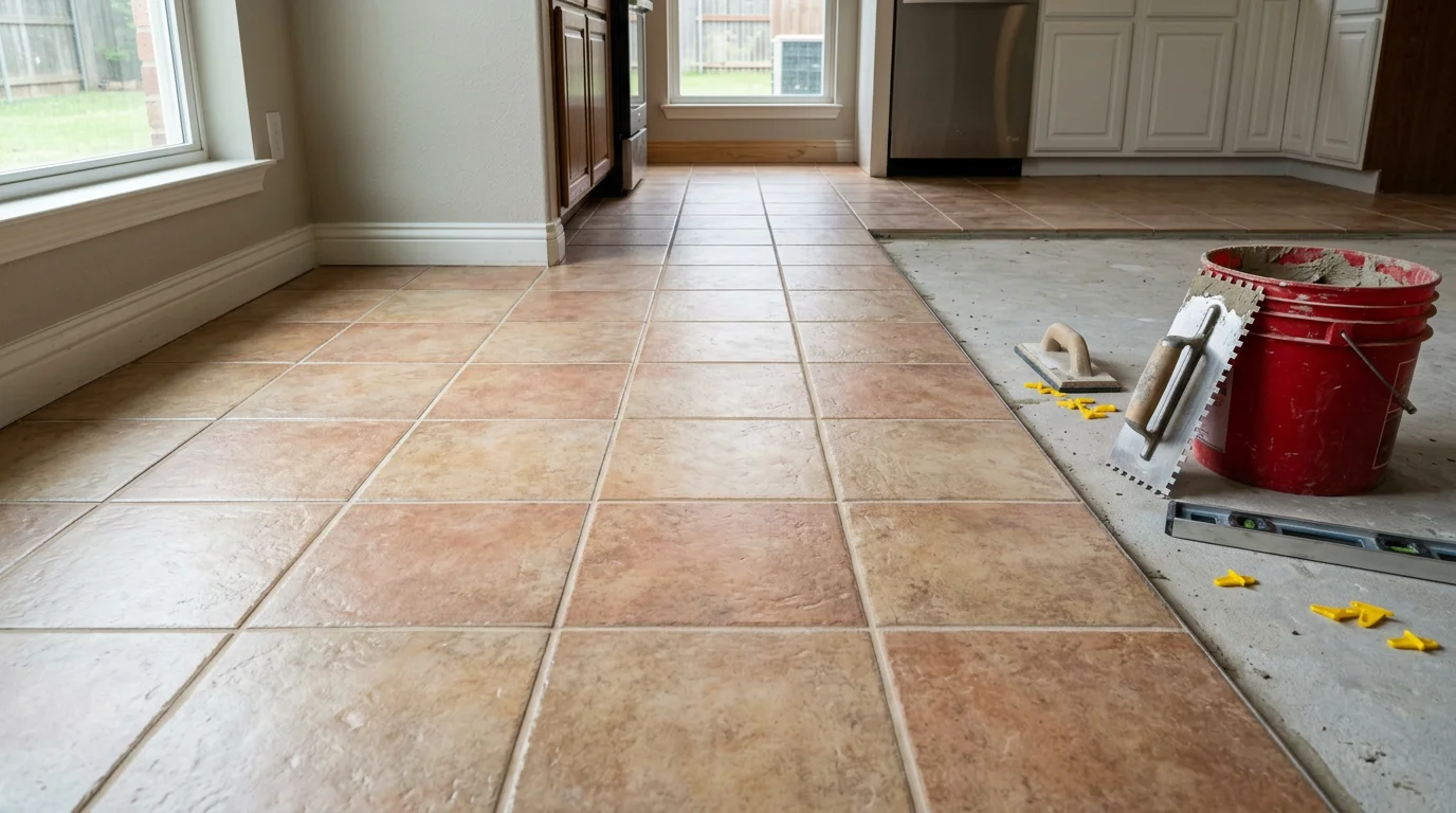 Freshly installed large-format floor tile in a Dallas-area home kitchen, showing tight grout lines and a clean transition to an adjacent living area. The tile surface reflects natural light from a nearby window, highlighting the smooth, level finish.