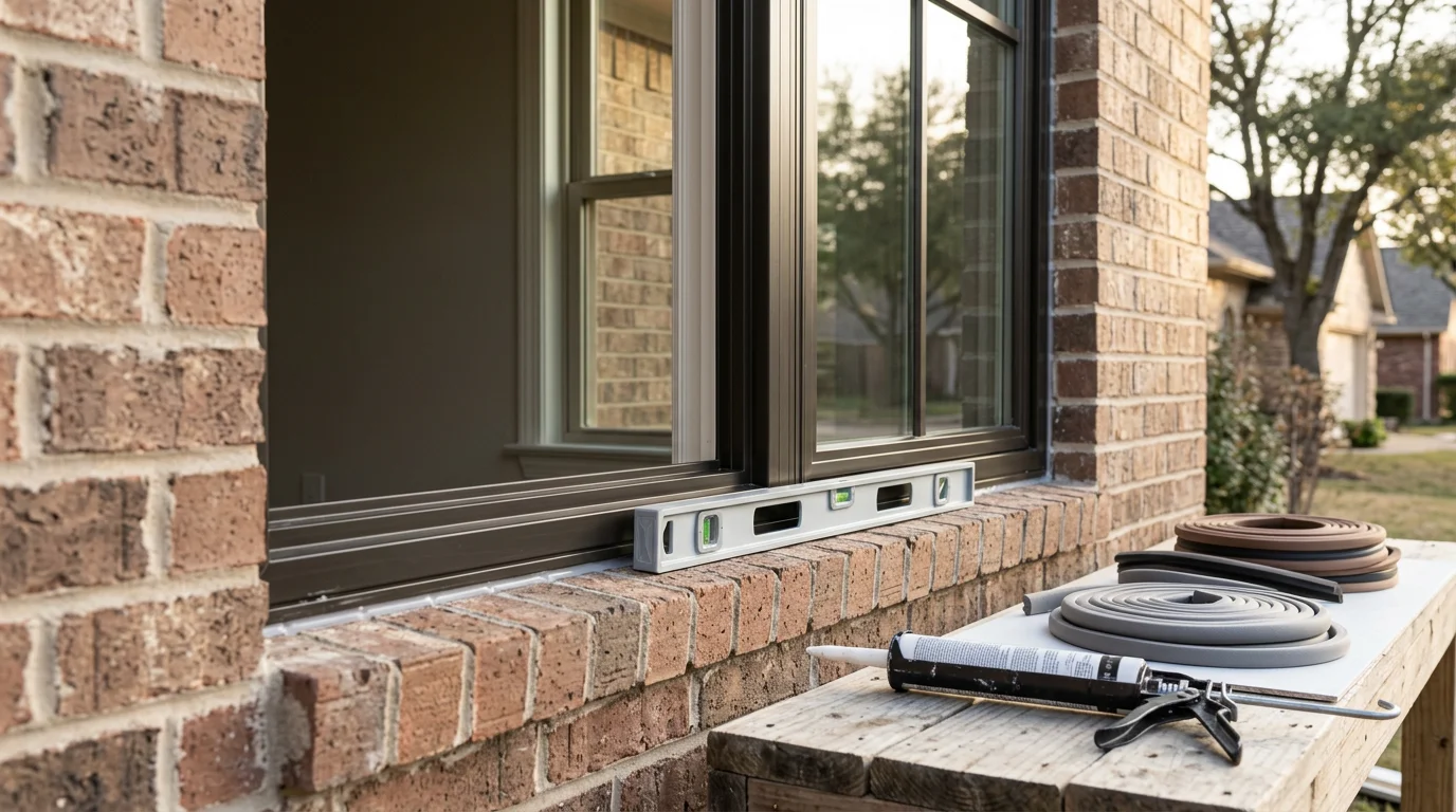 A freshly installed window on a brick-exterior Dallas home, showing clean trim lines and a tight seal around the frame. The surrounding interior wall is undamaged, reflecting careful handyman installation work.